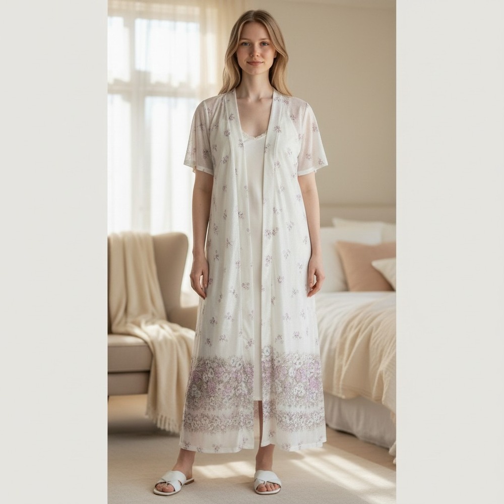 Floral Duster Cardigan OS Sheer‎ Satin Open Front White Vintage